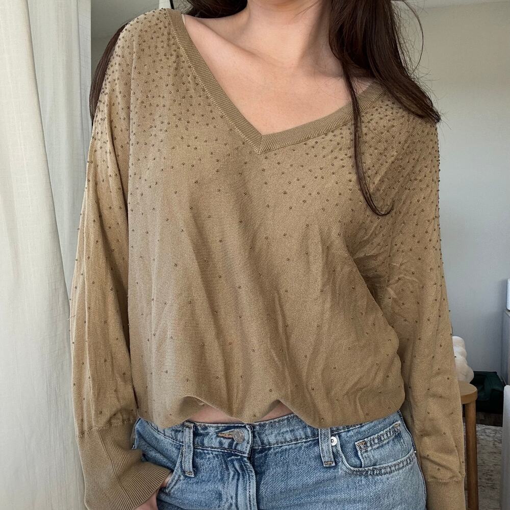 Talbots Sweater XL Tan Beaded V Neck Flowy 90s Minimalism Office Siren Rom Com